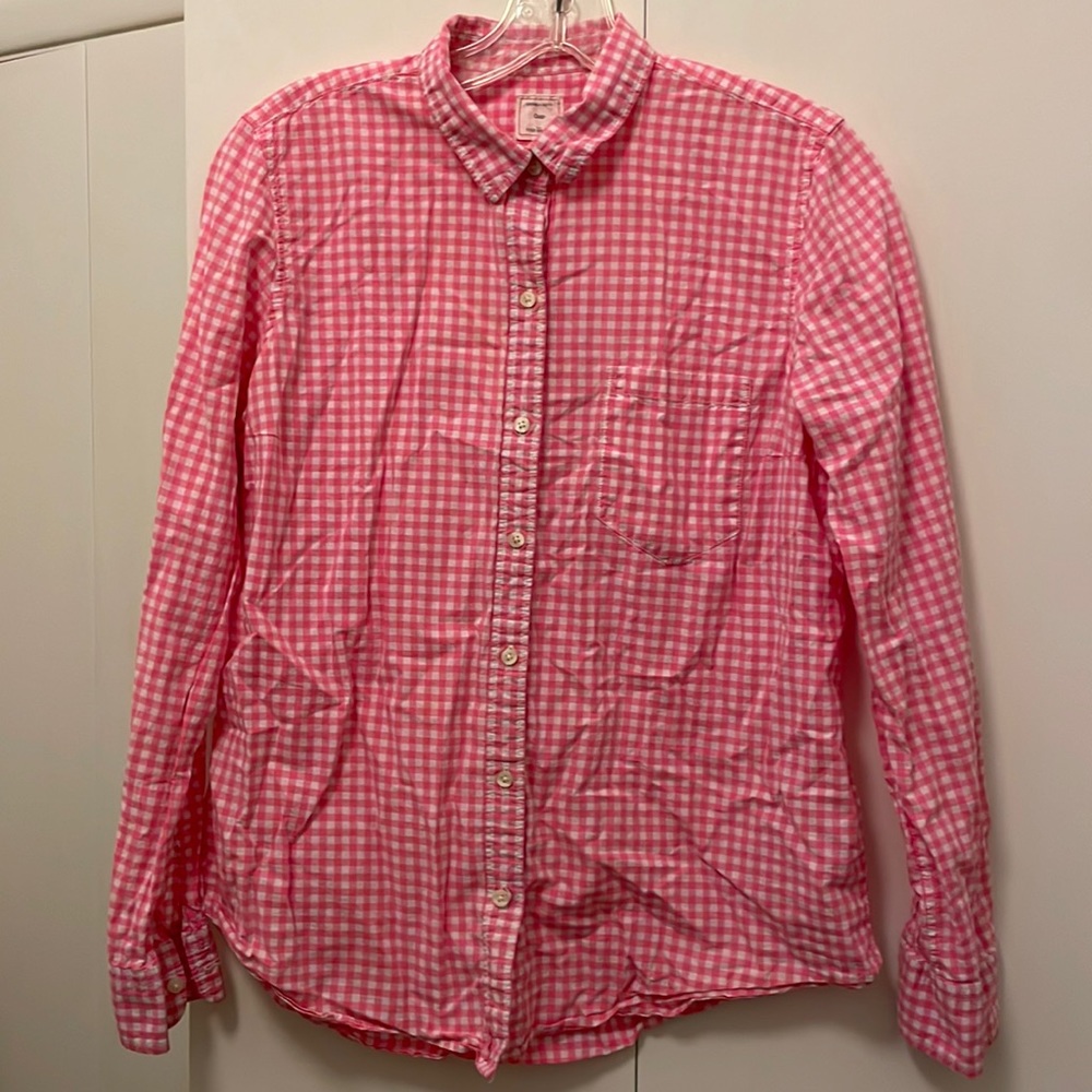 Pink and white windowpane check button-down shirt.